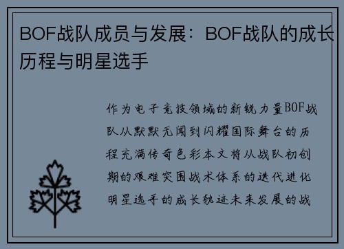 BOF战队成员与发展：BOF战队的成长历程与明星选手